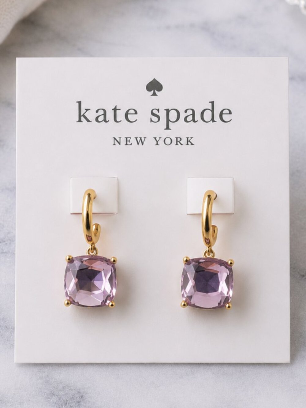 Kate Spade Purple Crystal Drop Earrings Gold Huggie Hoop Dangle
